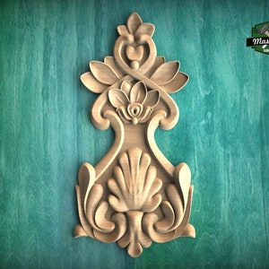 Floral Bouquet Wood Carving Onlay with Decorative Elements,  1pc, Unpainted, Home Wall Embellishments, Furniture Carving, Wood Onlay