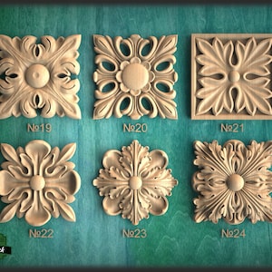 Square Carved Rosette of Wood, 1 piece, Home Wall Embellishments, square wood onlays, wood wall art decor