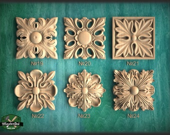 Square Carved Rosette of Wood, 1 piece, Home Wall Embellishments, square wood onlays, wood wall art decor
