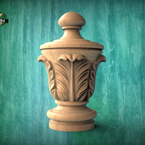 Hardwood Unpainted Classic Finial With Acanthus Leaves, Carved Post Finials with square base, Staircase Newel Post Cap, Bed finials