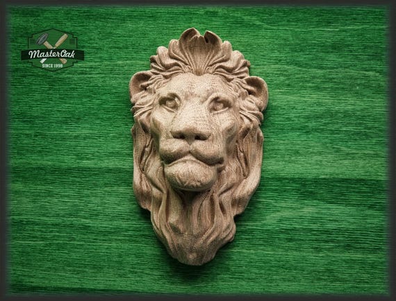 ライオンの頭のペディメントアップリケ、彫刻された木製の顔、木彫りの