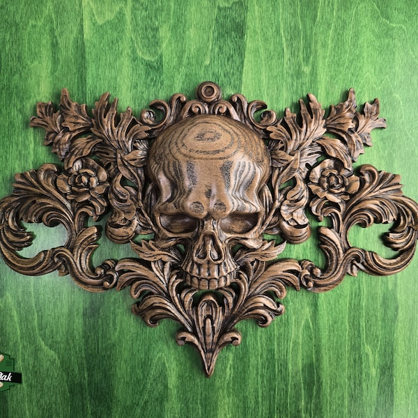 バロック死神の紋章、1個、水平方向の木製の花の中央オンレイ、頭蓋骨、水平方向の装飾、木製の彫刻装飾、木製のオンレイ