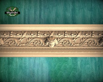 Carved Wooden Molding with Mask and Oak Leaf Pattern – Classic Interior Element, 40" Elegant Wood Detail, 1 pc, Unpainted, Carved Moulding