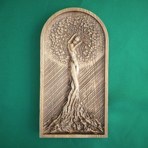 The Girl in the Tree, wooden carving, wall hangign, wall panno, gift for her
