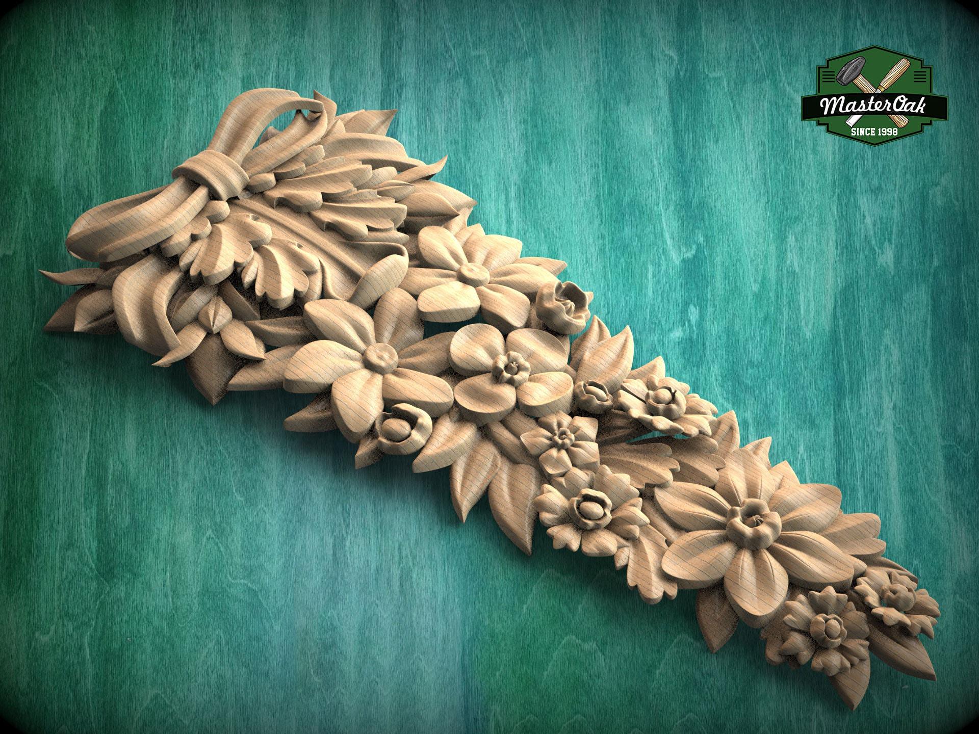 Floral Bouquet Carved Wood Onlay With Ribbon – Romantic Wall Accent ...