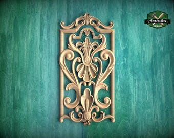 Rectangular Baroque Wooden Panel with Fleur-de-Lis Accent, Carved Wood Onlay, 1pc, Unpainted, Furniture Carving, Wood Onlay