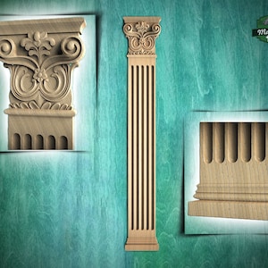 Wooden Carved Classic Corinthian Column Pilaster,  wood ionic  pilaster, 1pc, Unpainted, Carved Wood Trim Post Pillars, Flat Back Columns
