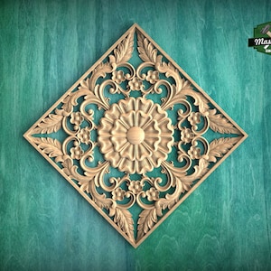 Wooden Carved Medallion with Floral Design, 1pc, Home Wall Embellishments, Furniture Carving, Wood Onlay, Unpainted