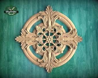 Circular Carved Wood Medallion, Decorative Flower Wood Onlay, 1pc, Home Wall Embellishments, Furniture Carving, Unpainted