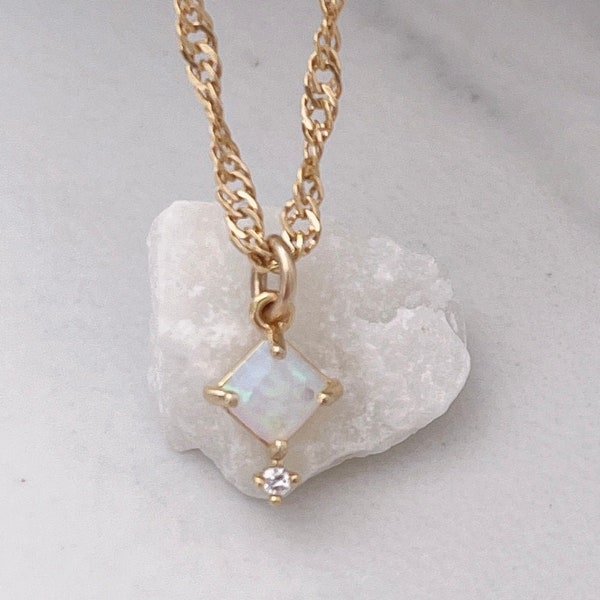 Tiny Gold Opal Squared Necklace, Dainty Gold Opal Necklace, Gold Opal Cubic Necklace, 18k Gold Filled Necklace,Gold Small Opal Necklace