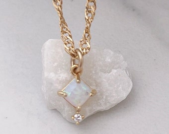 Tiny Gold Opal Squared Necklace, Dainty Gold Opal Necklace, Gold Opal Cubic Necklace, 18k Gold Filled Necklace,Gold Small Opal Necklace