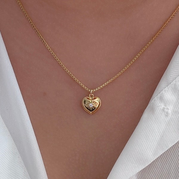 Collana a forma di cuore in oro, collana in oro con malocchio, collana in oro con malocchio cubico, collana a forma di cuore riempita in oro 18k, gioielli per la festa della mamma