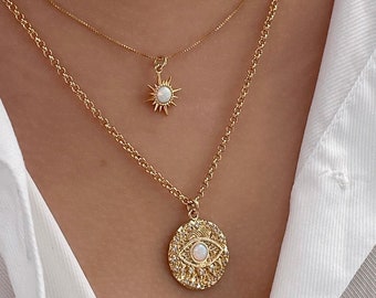Gold Opal Celestial Star Necklace, North Star Necklace, Gold Opal Sunburst Necklace, Minimalist Gold Necklace, Tiny Opal Star Necklace, 18k