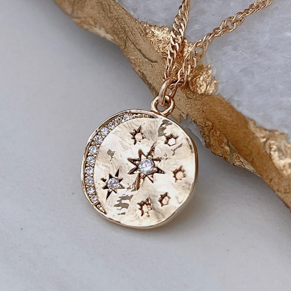 Moon Necklace, Moon Star Necklace, Moon And Star Coin Necklace, Dainty Gold Necklace, Bridal Necklace, 18k Gold Filled Necklace