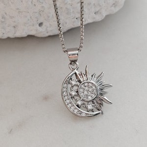 Sun Moon Necklace, Solar Eclipse Necklace, Celestial Sunshine Necklace, Crescent Moon Necklace, Stars Necklace, Sun Necklace, Rhodium
