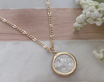 St Benedict Necklace, Gold Filled Necklace, Mother Of Pearl St Benedict, Religious Necklace, Coin Necklace, Waterproof Necklace, Gift