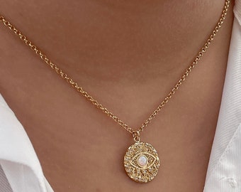 Evil Eye Opal Necklace, Gold Coin Medallion Necklace, Dainty Opal Necklace, Gold Protection Necklace, 18k Gold Filled Necklace, Mom Gift