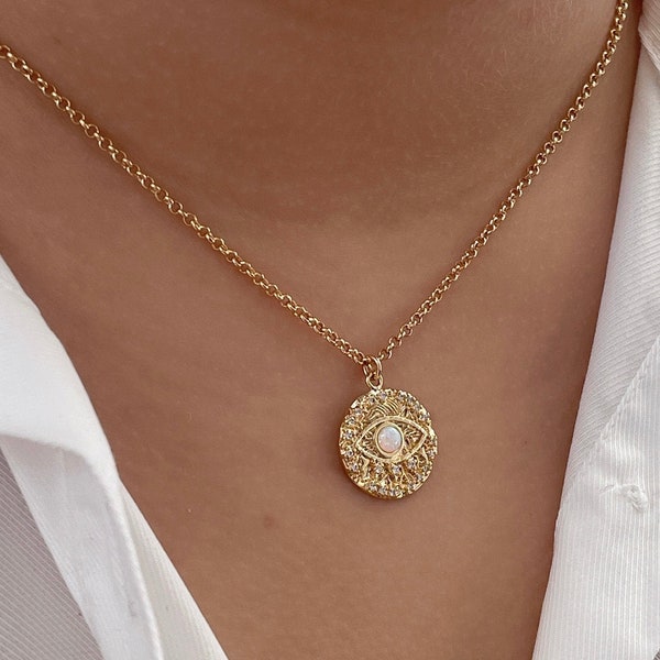 Evil Eye Opal Necklace, Gold Coin Medallion Necklace, Dainty Opal Necklace, Gold Protection Necklace, 18k Gold Filled Necklace, Mom Gift