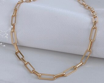 Colar de corrente de clipe de papel de ouro GF 18k, corrente retangular de ouro, colar de corrente de elo de ouro 5 mm, colar gargantilha de ouro, presente de dia das mães, presente de mãe