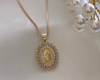 Virgin Mary Necklace, Mother Mary Necklace, Religious Necklace, Collar Virgen de Guadalupe, 18k Gold Filled Necklace, Wedding Necklace