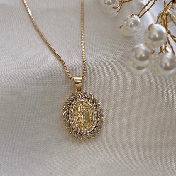 Virgin Mary Necklace, Mother Mary Necklace, Religious Necklace, Collar Virgen de Guadalupe, 18k Gold Filled Necklace, Wedding Necklace