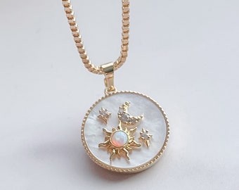 Sun Moon Necklace, Solar Eclipse Necklace, Celestial Sunshine Necklace, Crescent Moon Necklace, Stars Necklace, Sun Necklace, 18k GF