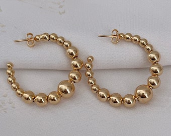 18k Gold Filled Beaded Medium Hoops Earrings, Ball Hoop Earrings, Gold Filled Earrings, Gold Hoop Earrings, Beaded hoops earrings, Mom gift