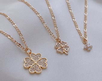 Clover Necklace, Four Leaf Clover Necklace, Lucky Gold Necklace, Good Luck Necklace, Zircon Necklace, Amulet Necklace, Birthday Gift