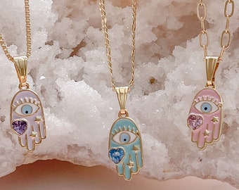 Collar de mano de Hamsa, collar de mal de ojo, collar de protección, collar de amuleto relleno de oro, collar de oro de buena suerte, collar de medallón