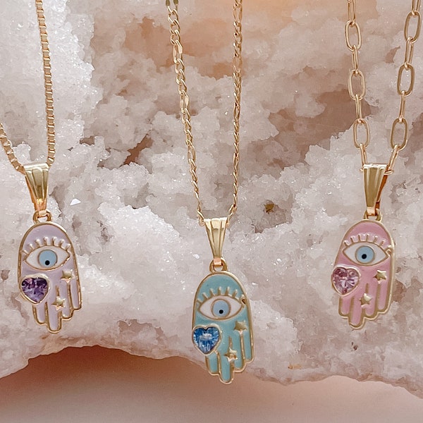 Hamsa Hand Halskette, Evil Eye Halskette, Schutz-Halskette, Gold gefüllte Amulett-Halskette, gute Glück Gold-Halskette, Medaillon-Halskette