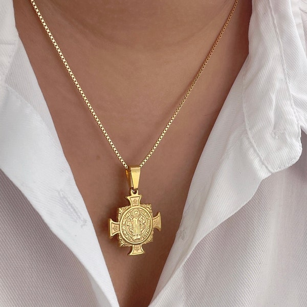 St Benedict Cross Necklace, Gold Cross Necklace, Protection Gold Necklace, Religious Gold Necklace, 18k Gold Filled Necklace