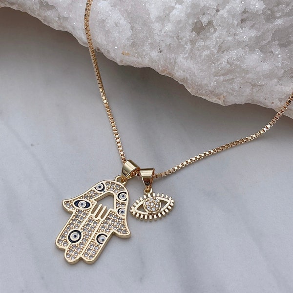 Collana con mano di Hamsa, collana con occhio maligno, collana protettiva, collana con amuleto riempita d'oro, collana portafortuna in oro, collana con medaglione