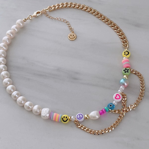 Collana Happy, collana riempita in oro 18k, collana di perle, collana Y2K, regalo per lei, regalo per la migliore amica