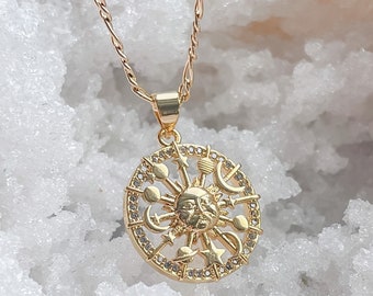 Sun Moon Necklace, Astrology Necklace, Solar Eclipse Necklace, Celestial Necklace, Stars  Moon Necklace, Stars Necklace