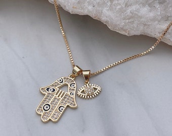 Hamsa Hand Necklace, Evil Eye Necklace, Protection Necklace, Gold Filled Amulet Necklace, Good Lucky Gold Necklace, Medallion Necklace