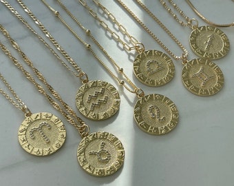 Gold Zodiac Necklace, Astrological Zodiac Gold Necklace, Horoscope Necklace, Constellation Gold Necklace, Signs Necklace, 18k GF