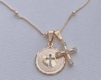 Collier croix, collier notre père, collier de prière, collier religieux, collier prière du Seigneur, collier en or délicat, cadeau de Noël