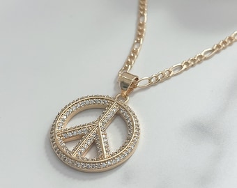 Peace Halskette, Peace Symbol Gold Halskette, Zirkon Peace Halskette, Peace Zeichen, 18k Gold Halskette, Geschenk