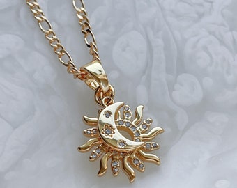 Sun and Moon Gold Necklace, Solar Eclipse Jewelry, Celestial Sunshine Necklace, Crescent Moon Necklace, Gift For You Girlfriend, Gold Filled
