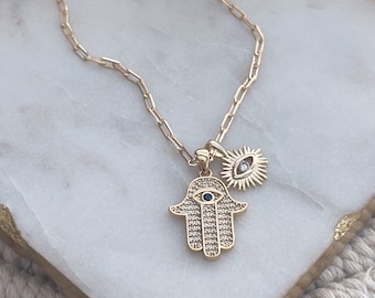 Hamsa Hand Necklace, Evil Eye Necklace, Protection Necklace, Gold Filled Amulet Necklace, Good Lucky Gold Necklace, Medallion Necklace