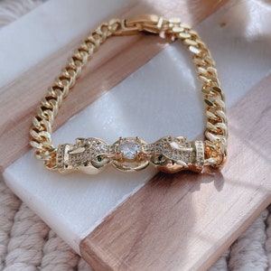 Panther Bracelet, Panther Gemstone Bracelet, 18k Gold Filled Bracelet, Double Head Panther Gold Necklace