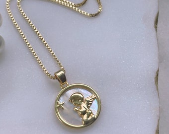 Guardian Angel Necklace, Gift For Son, Memorial Gift, Coin Guardian Angel, Medallion Necklace, Mother Of Pearl Charm, Hypoallergenic, 18k GF