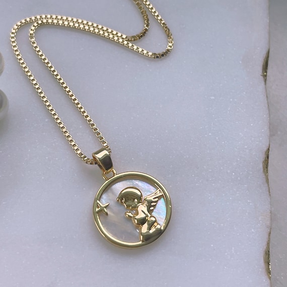 Guardian Angel Necklace, Gift For Son, Memorial Gift, Coin Guardian Angel, Medallion Necklace, Mother Of Pearl Charm, Hypoallergenic, 18k GF