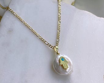Collar de mano de Hamsa, collar de protección, collar de amuleto relleno de oro, buena suerte, collar de perlas, colgante de Fátima, delicado, regalo de protección