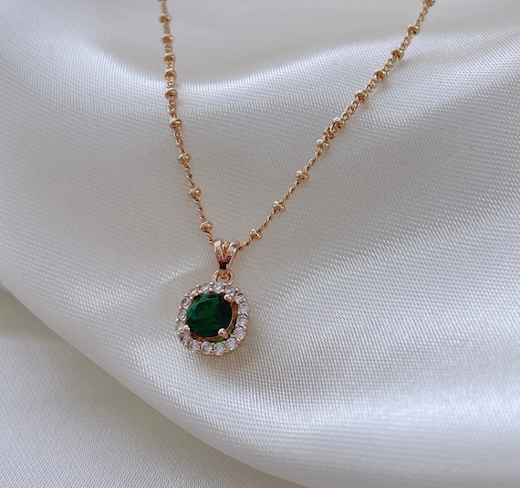 Dainty Gemstone Necklace Green Diamond Round Cut Necklace Green