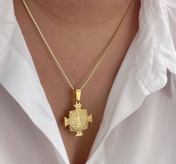 St Benedict Cross Necklace, Gold Cross Necklace, Protection Gold Necklace, Religious Gold Necklace, 18k Gold Filled Necklace