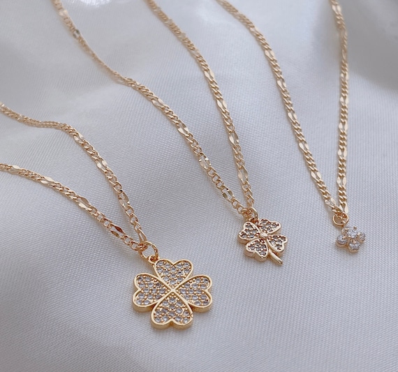 Clover Necklace, Four Leaf Clover Necklace, Lucky Gold Necklace, Good Luck Necklace, Zircon Necklace, Amulet Necklace, Birthday Gift