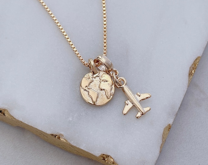 Travel Necklace, World Necklace, Airplane Necklace, Earth Necklace, World Map Necklace, Birthday Gift, Best Friend Gift, 18k Gold Filled