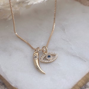 Collana con occhio malvagio, collana con corno di cornicyll, collana di protezione, collana con amuleto, collana con golf portafortuna, gioielli con occhio malvagio