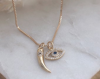Evil Eye Necklace, Cornicyll Horn Evil Eye Necklace, Protection Necklace, Amulet Necklace, Good Lucky Golf Filled Necklace, Evil Eye Jewelry